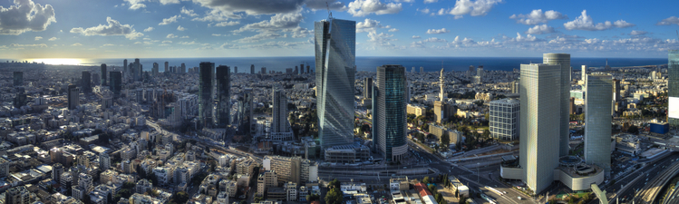 Aerial view of tel aviv skyline with urban skyscrapers and blue sky, Israel