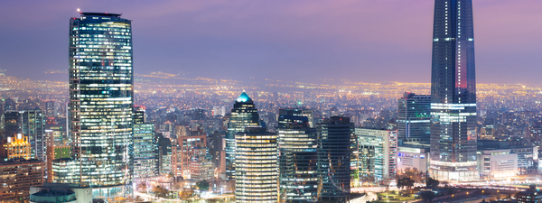 Skyline of Santiago de Chile with modern office buildings at financial district in Las Condes.