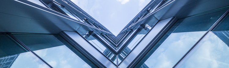 Bottom view of office building window close up