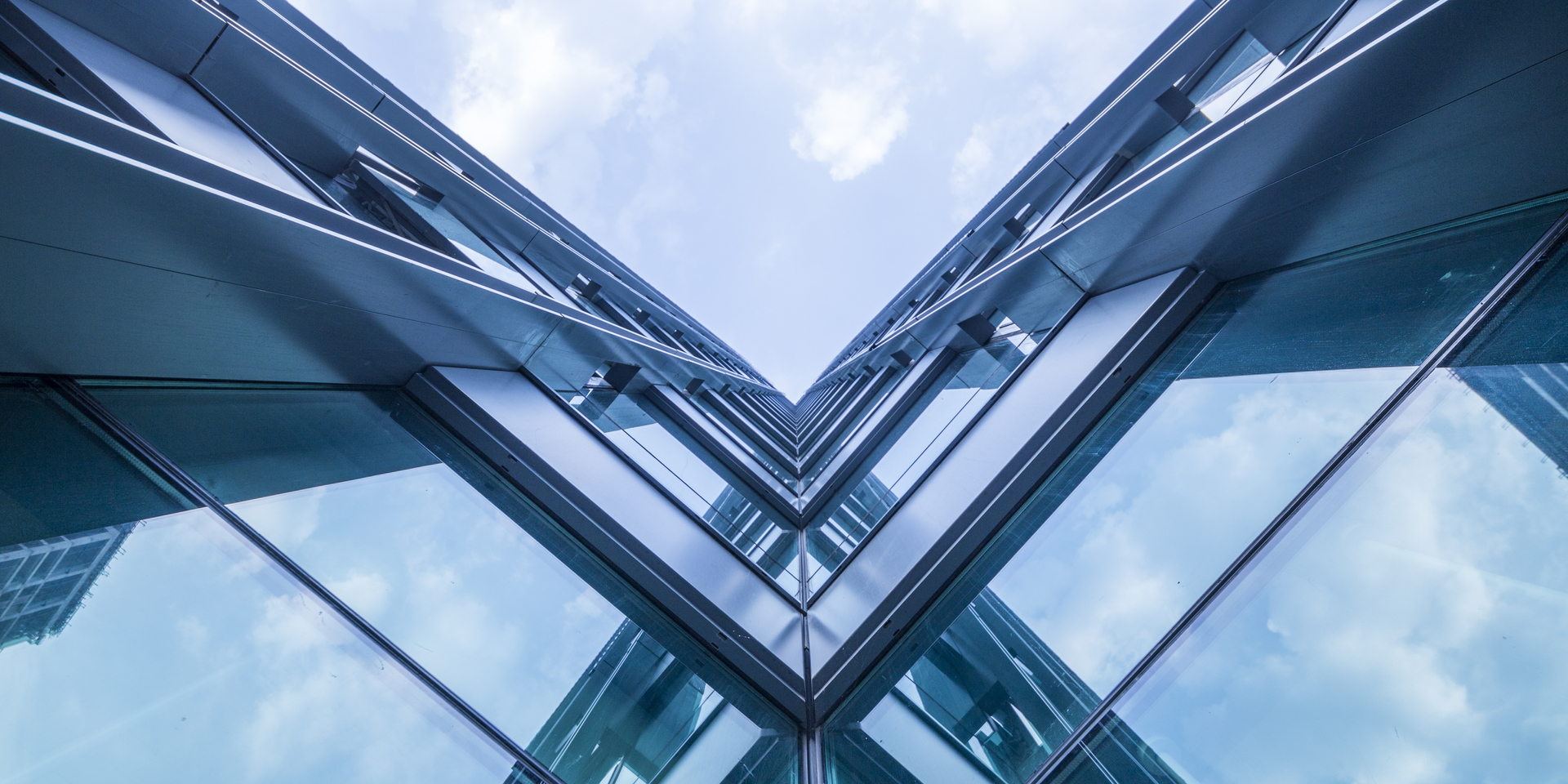 Bottom view of office building window close up