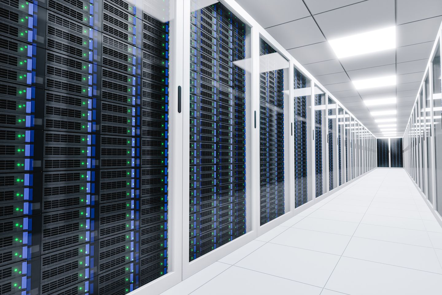 Medium angle 3D render of a futuristic data center.