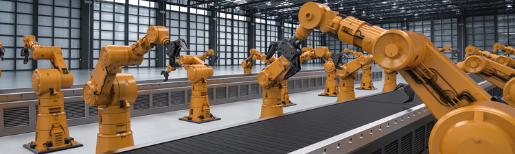 Medium angle digital rendering of robotic arms on factory assembly line.