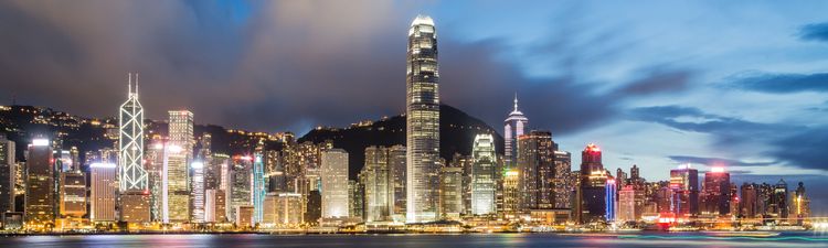 Wide angle of Hong Kong skyline from Victoria Harbor.