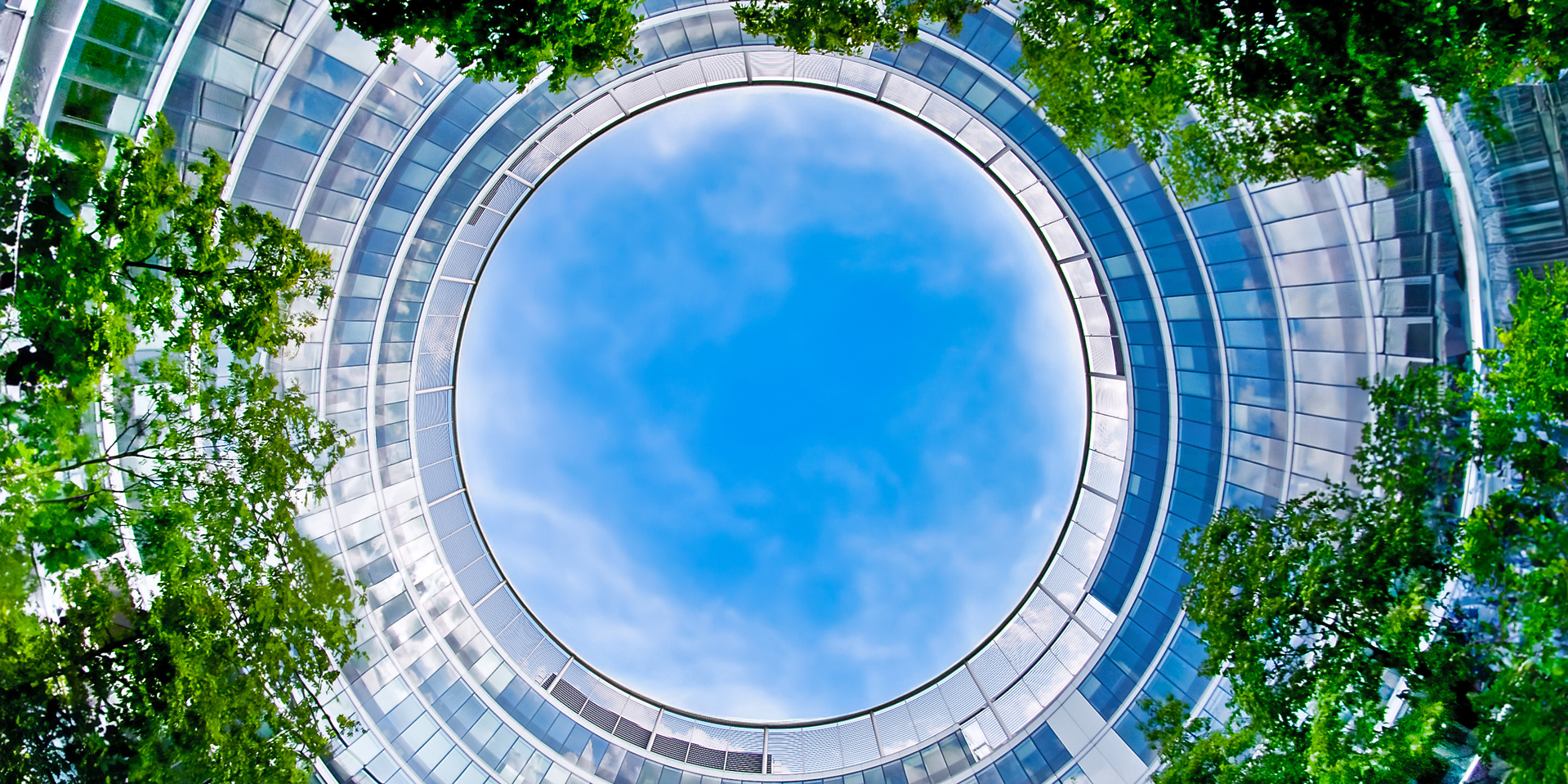 Upward view of office building from patio