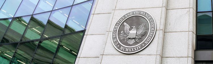 Close-up of insignia on the United States Securities and Exchange Commission (SEC) headquarters building.