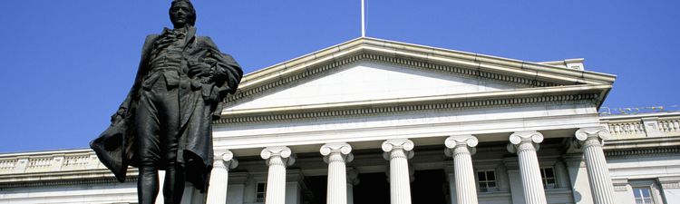 Wide angle of the southern façade of the United States Treasury Building in Washington, DC.