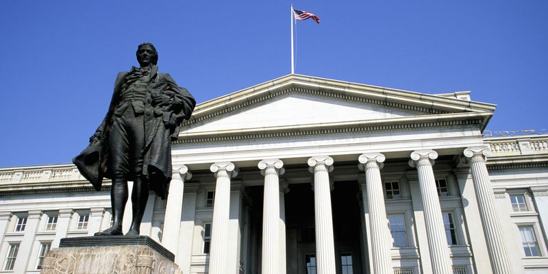 Wide angle of the southern façade of the United States Treasury Building in Washington, DC.