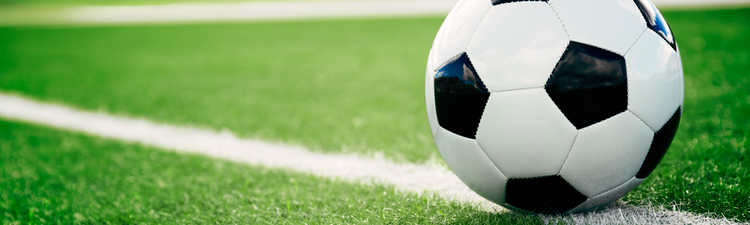 Close-up of soccer ball on turf.