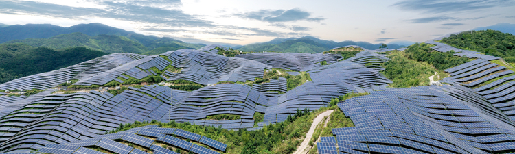 Aerial over solar power plant in Fujian Province, China.