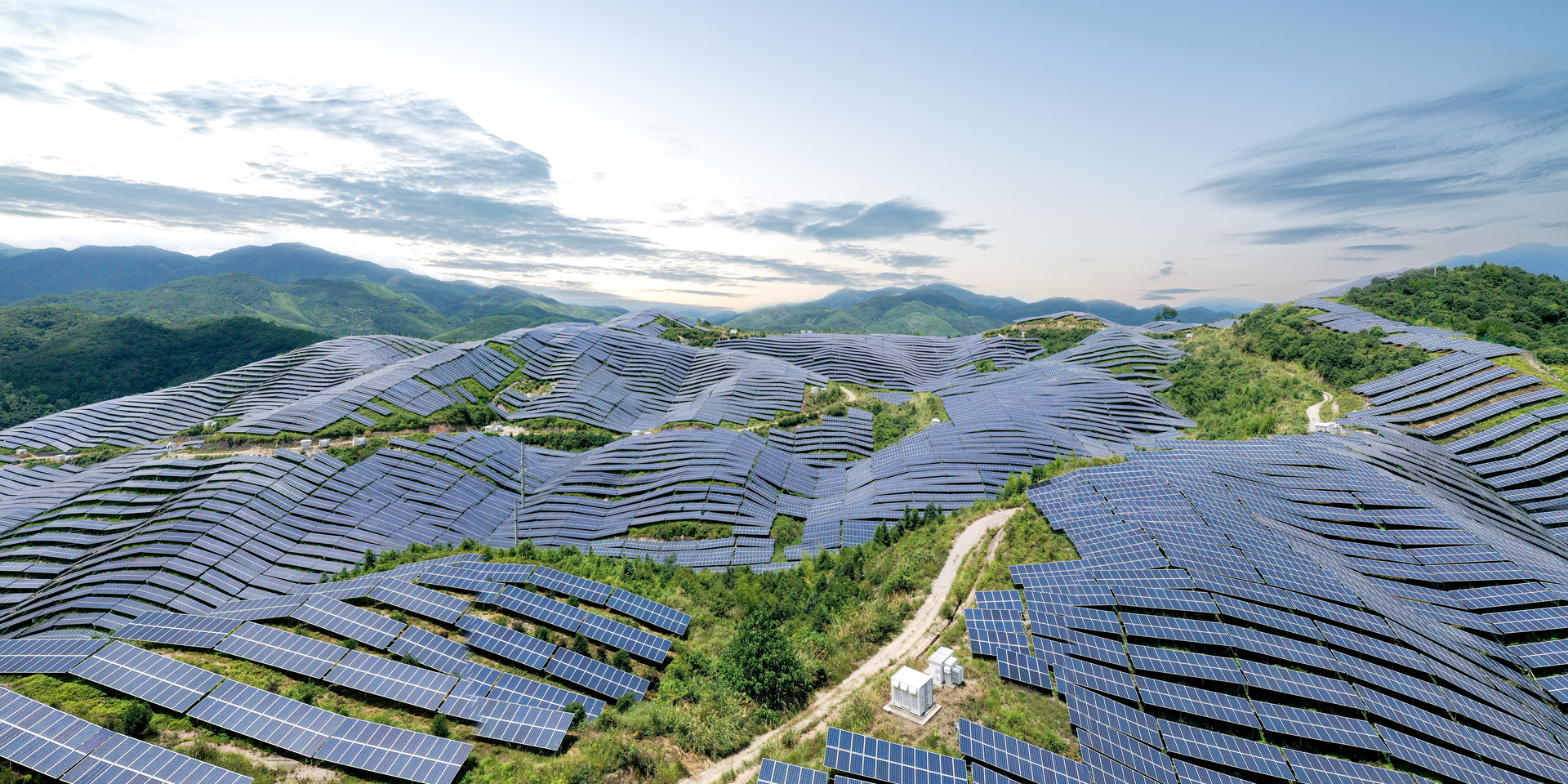 Aerial over solar power plant in Fujian Province, China.