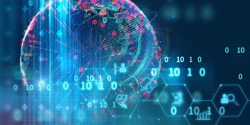 Medium angle digital rendering of globe with digital information.