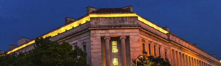 Up angle of the Robert F. Kennedy Building, headquarters to the United States Department of Justice.