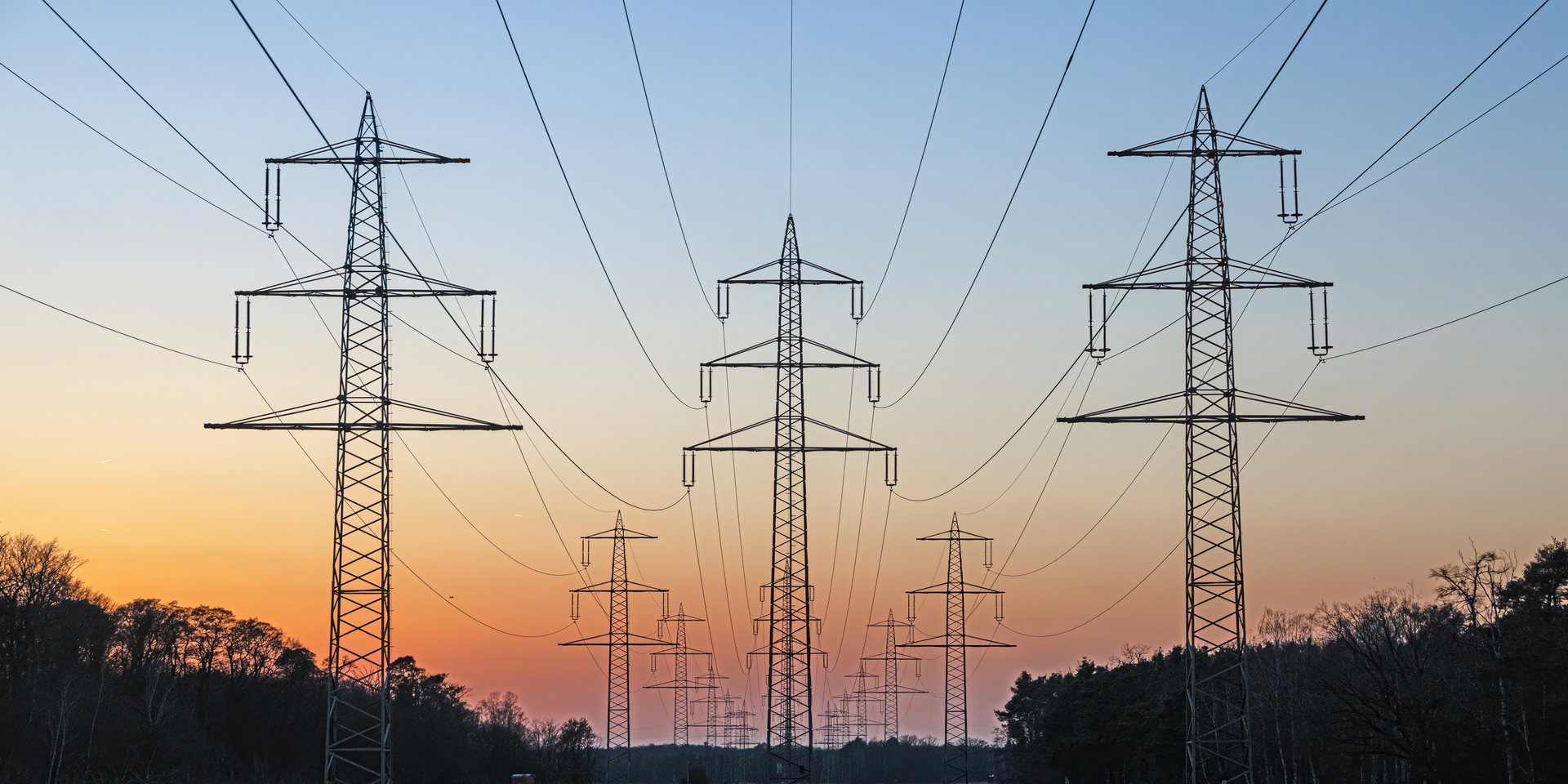 Wide angle of high voltage power lines over a field at sunset.