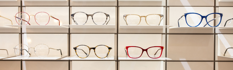 Medium angle of eyeglasses on display in store or shop.