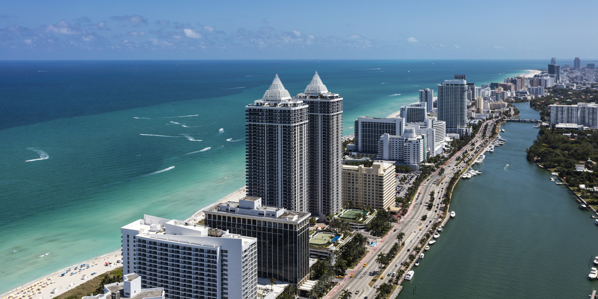 Aerial of South Beach Miami Florida city skyline.