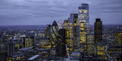 Twilight Skyline of London's Financial District in London, England, UK