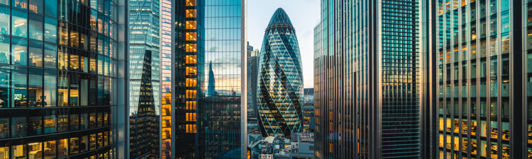Medium angle of London city skyline with the Gherkin Building visible.