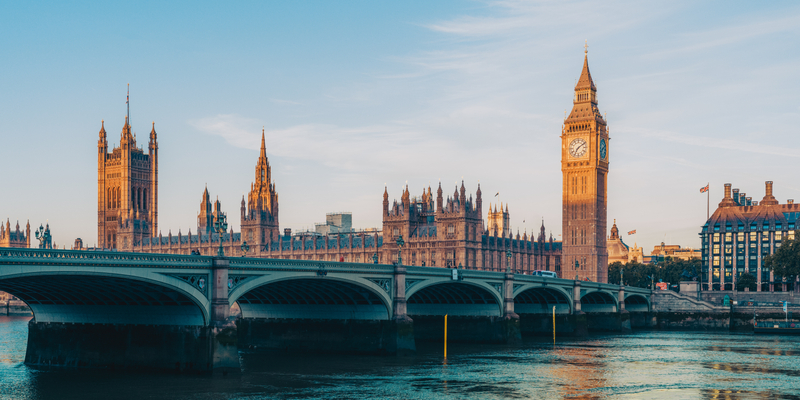 Wide angle of London skyline and Thames River.