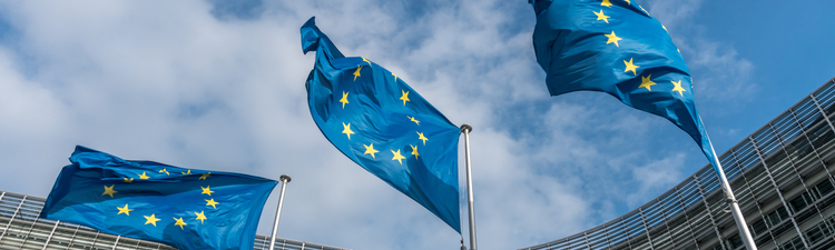 Up angle of European Union flags at Berlaymont Building, headquarters of the European Commission in Brussels, Belgium.
