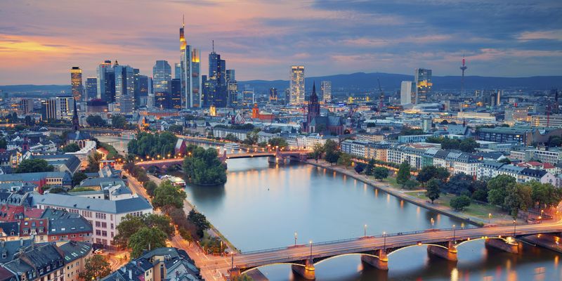 Aerial of Frankfurt, Germany at dusk.