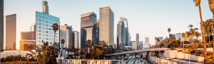Wide angle of downtown Los Angeles skyline from the 110 Harbor Freeway.
