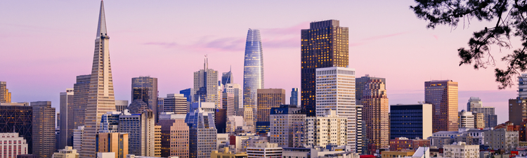 Wide angle of San Francisco city skyline.