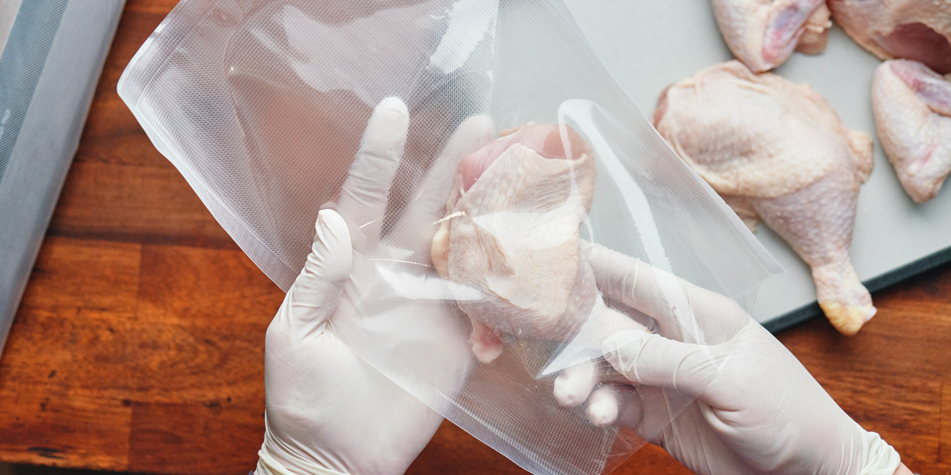 Close-up of person vacuum sealing chicken thighs in plastic.