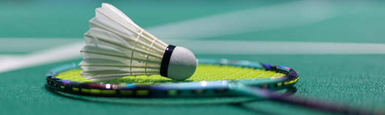 The badminton ball sits on the badminton racket. The field used in the competition