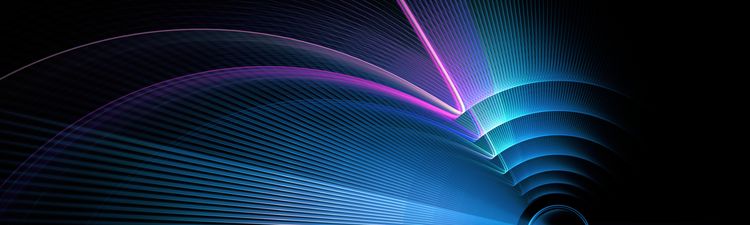 Medium angle of neon light beams and curved waves on black background.