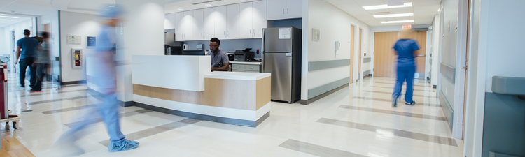 Wide angle of nurses' station in hospital.