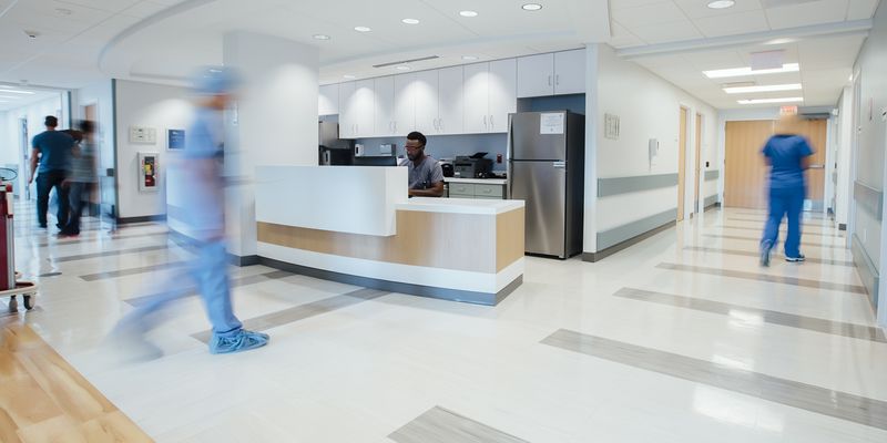 Wide angle of nurses' station in hospital.