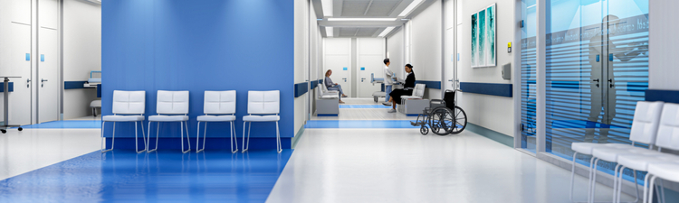 Wide angle of modern hospital waiting area.
