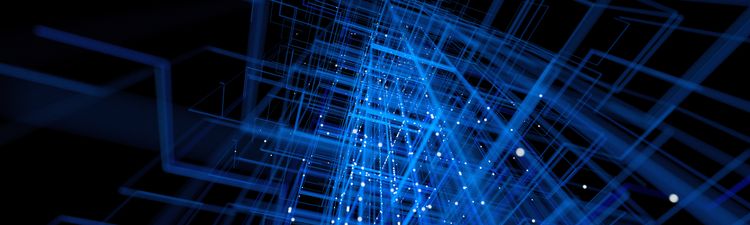 Up angle of blue intersecting lines and white dots on black background.