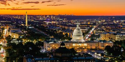 Aerial of Washington, DC at sunset.