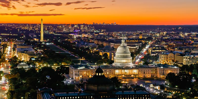 Aerial of Washington, DC at sunset.