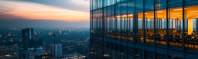 Medium angle of Brussels skyline with high-rises office towers in foreground.