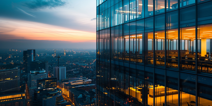 Medium angle of Brussels skyline with high-rises office towers in foreground.