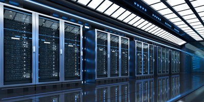 Wide angle of futuristic server room. 