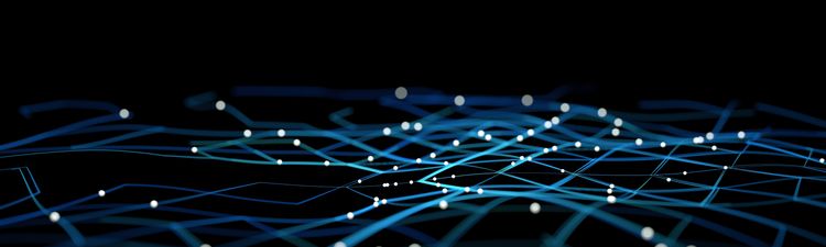 Medium angle of curved, blue digital grid with glowing white particles.