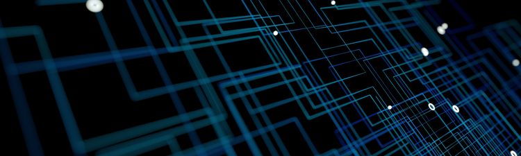 Medium angle of blue digital grid with glowing white particles.