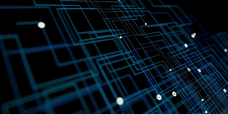 Medium angle of blue digital grid with glowing white particles.
