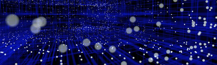 Medium angle of blue digital grid with glowing white particles.
