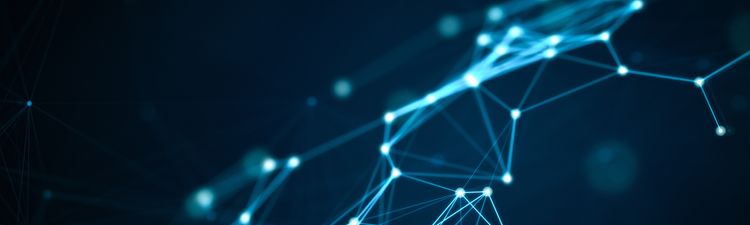 Abstract visualization of a neural network or digital data flow, featuring interconnected blue glowing nodes and lines on a dark background. The composition suggests concepts like artificial intelligence, machine learning, blockchain, network systems, and modern communication technology.