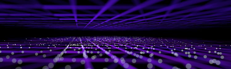 Medium angle of purple digital grid with glowing white particles.