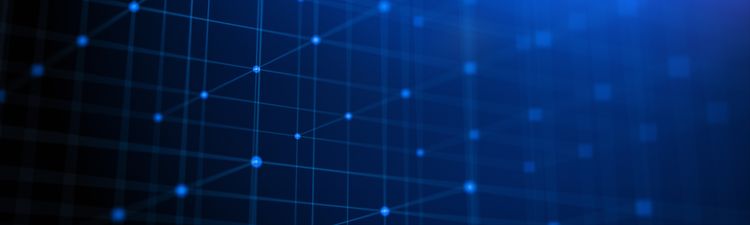 Abstract futuristic blue technology background featuring connected lines, glowing dots and geometric grid structure on a dark gradient backdrop, digital network visualization with copy space, data connection, communication system, information flow, virtual infrastructure, computer technology, big data, internet concept, cyber background, innovation and modern high tech design.