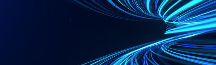 Medium angle of curved, blue digital light trails.