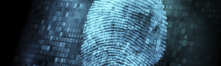 Close-up of neon fingerprint with overlay of numerical data.