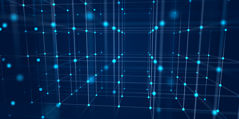 Digital blockchain concept. Data storage in separate cells. Abstract background with dots and connection lines. 3D .