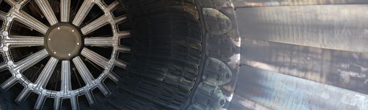 Close-up of turbine of a military fighter aircraft.