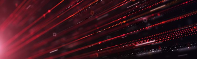 Medium angle of red, abstract data lines and dots.